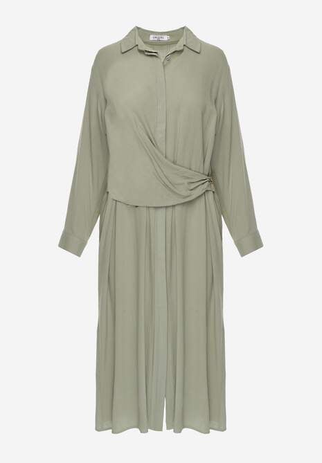 Zielona Koszulowa Sukienka z Wiskozy z Asymetrycznym Drapowaniem i Guzikiem Hetasa 6