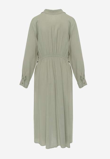 Zielona Koszulowa Sukienka z Wiskozy z Asymetrycznym Drapowaniem i Guzikiem Hetasa 7