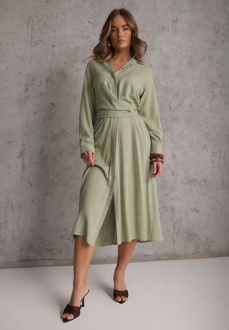 Zielona Koszulowa Sukienka z Wiskozy z Asymetrycznym Drapowaniem i Guzikiem Hetasa