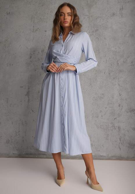 Niebieska Wiskozowa Sukienka o Koszulowym Kroju z Marszczoną Talią Abilera 4