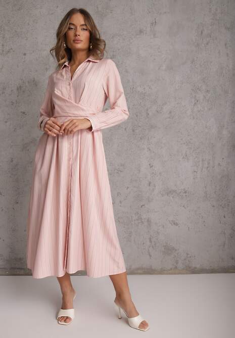 Różowa Wiskozowa Sukienka o Koszulowym Kroju z Marszczoną Talią Abilera 4