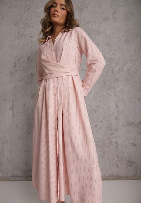 Różowa Wiskozowa Sukienka o Koszulowym Kroju z Marszczoną Talią Abilera