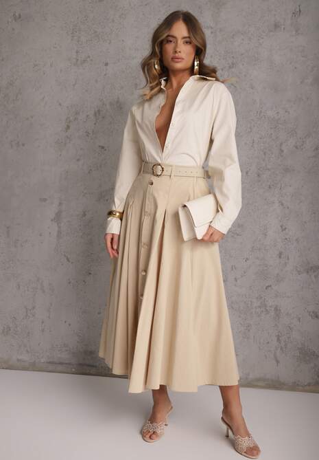 Beżowa Rozkloszowana Spódnica z Kieszonkami i Paskiem z Klamrą Qualea 4