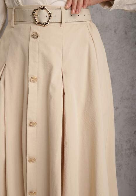 Beżowa Rozkloszowana Spódnica z Kieszonkami i Paskiem z Klamrą Qualea 5