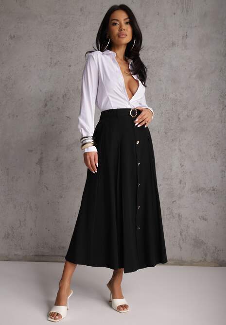 Czarna Rozkloszowana Spódnica z Kieszonkami i Paskiem z Klamrą Qualea 4