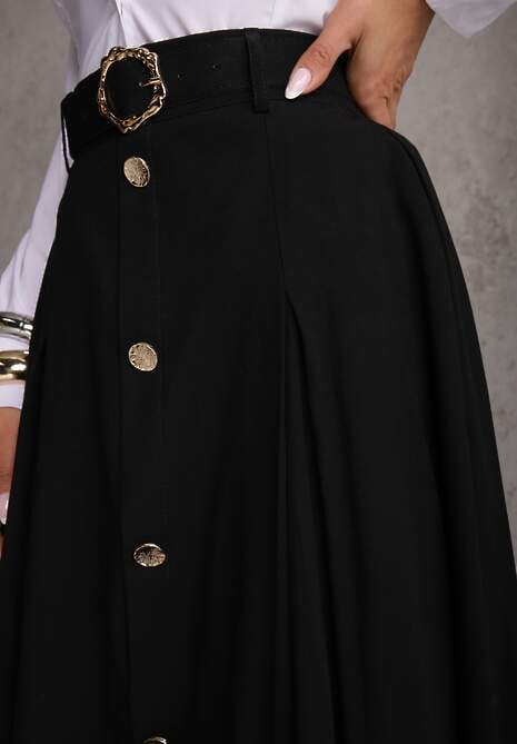 Czarna Rozkloszowana Spódnica z Kieszonkami i Paskiem z Klamrą Qualea 5