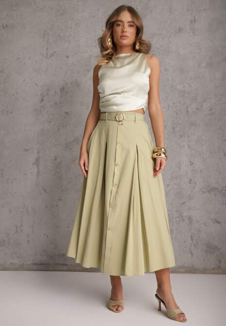 Zielona Rozkloszowana Spódnica z Kieszonkami i Paskiem z Klamrą Qualea 4