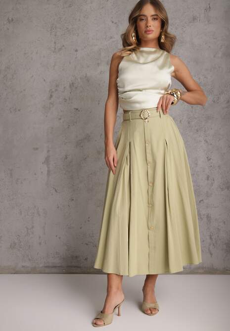 Zielona Rozkloszowana Spódnica z Kieszonkami i Paskiem z Klamrą Qualea