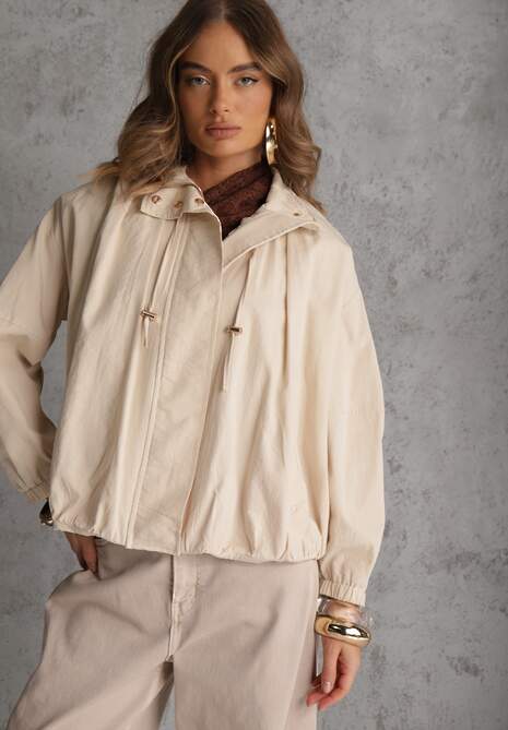 Beżowa Oversizowa Kurtka Przejściowa o Kroju Bombki z Bawełny i Wiskozy Birana 4