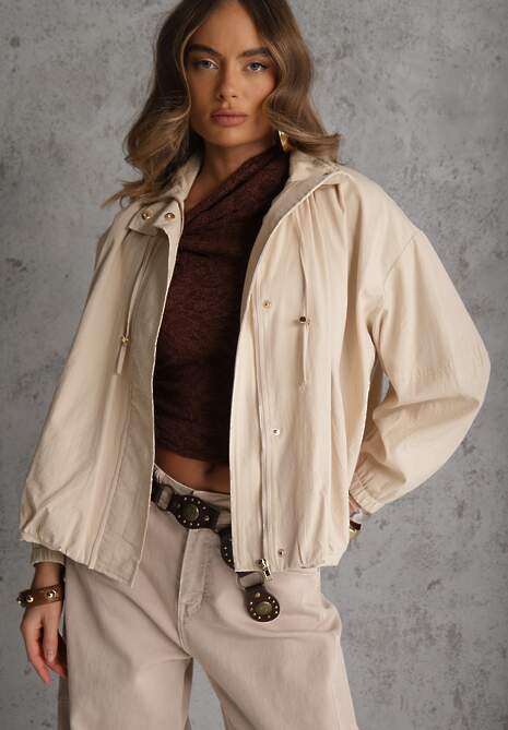 Beżowa Oversizowa Kurtka Przejściowa o Kroju Bombki z Bawełny i Wiskozy Birana