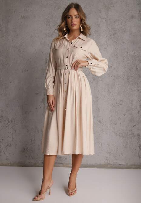 Beżowa Sukienka Rozkloszowana z Wiskozy o Koszulowym Kroju z Paskiem Anteis 4