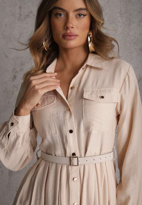 Beżowa Sukienka Rozkloszowana z Wiskozy o Koszulowym Kroju z Paskiem Anteis 5