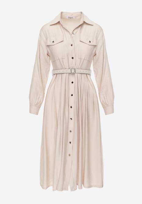 Beżowa Sukienka Rozkloszowana z Wiskozy o Koszulowym Kroju z Paskiem Anteis 6