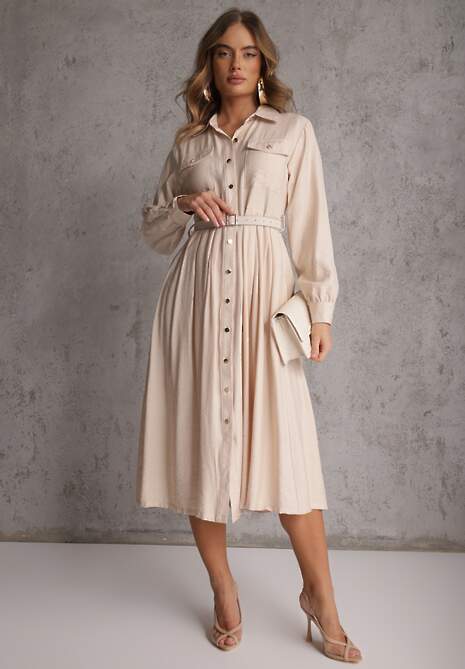 Beżowa Sukienka Rozkloszowana z Wiskozy o Koszulowym Kroju z Paskiem Anteis