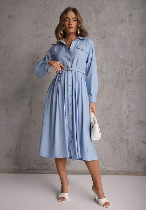 Niebieska Sukienka Rozkloszowana z Wiskozy o Koszulowym Kroju z Paskiem Anteis 4