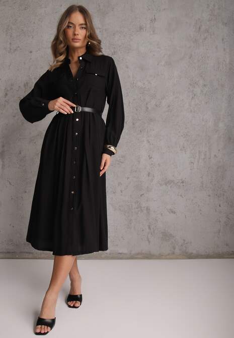 Czarna Sukienka Rozkloszowana z Wiskozy o Koszulowym Kroju z Paskiem Anteis 4