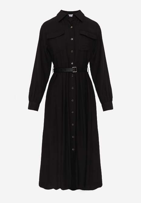 Czarna Sukienka Rozkloszowana z Wiskozy o Koszulowym Kroju z Paskiem Anteis 6