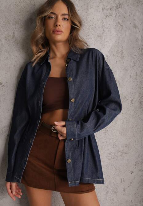 Granatowa Koszula z Bawełny Ściągana w Talii Troczkami Hettia 4