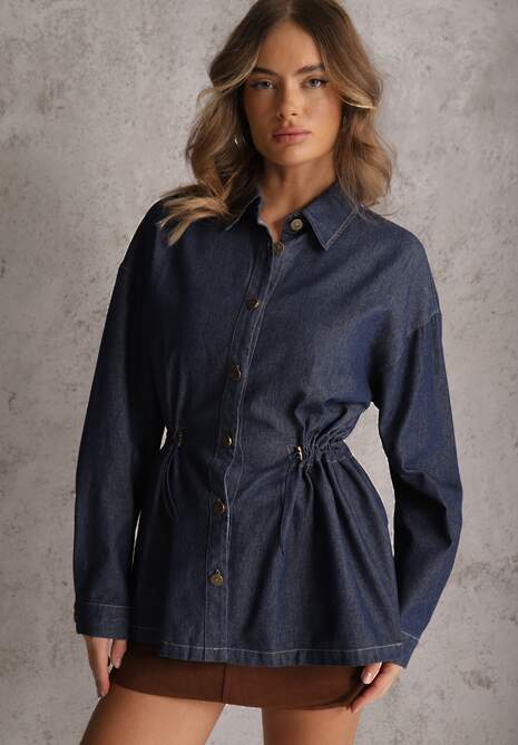 Granatowa Koszula z Bawełny Ściągana w Talii Troczkami Hettia