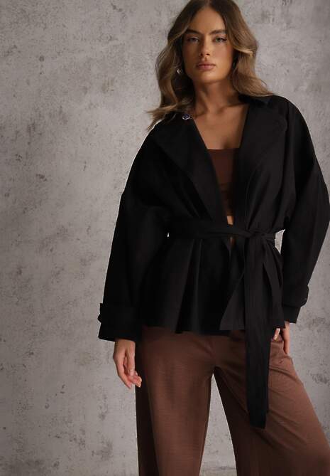 Czarna Kurtka z Bawełny i Wiskozy o Fasonie Krótkiego Trencza Abicara