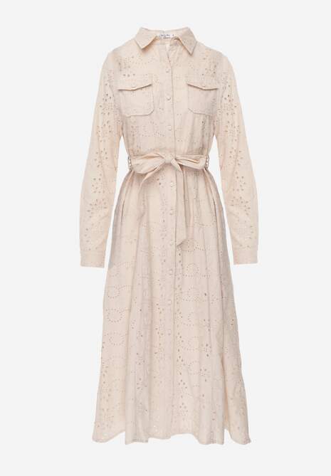 Beżowa Ażurowa Sukienka z Bawełny Ozdobiona Paskiem Novenelle 6