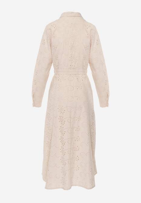 Beżowa Ażurowa Sukienka z Bawełny Ozdobiona Paskiem Novenelle 7