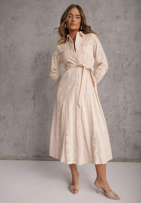 Beżowa Ażurowa Sukienka z Bawełny Ozdobiona Paskiem Novenelle