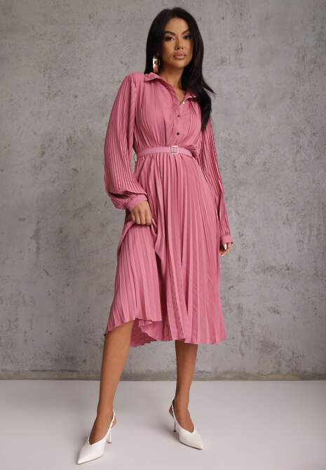 Fuksjowa Koszulowa Sukienka z Plisowanymi Zdobieniami i Paskiem z Klamrą Efrivelle 4