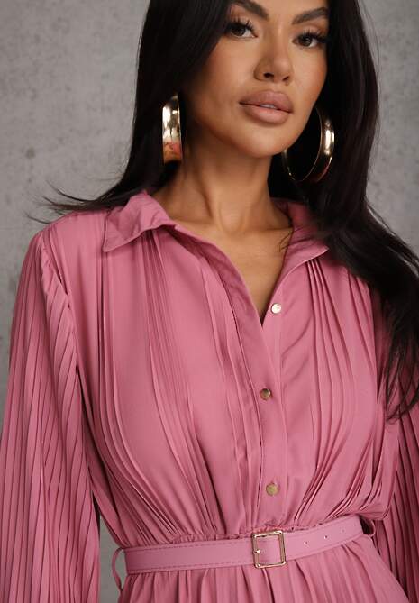 Fuksjowa Koszulowa Sukienka z Plisowanymi Zdobieniami i Paskiem z Klamrą Efrivelle 5