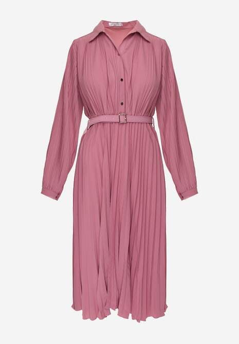 Fuksjowa Koszulowa Sukienka z Plisowanymi Zdobieniami i Paskiem z Klamrą Efrivelle 6