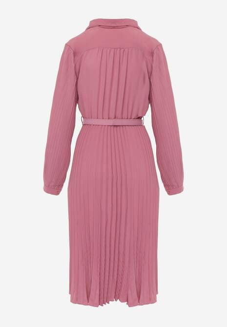 Fuksjowa Koszulowa Sukienka z Plisowanymi Zdobieniami i Paskiem z Klamrą Efrivelle 7