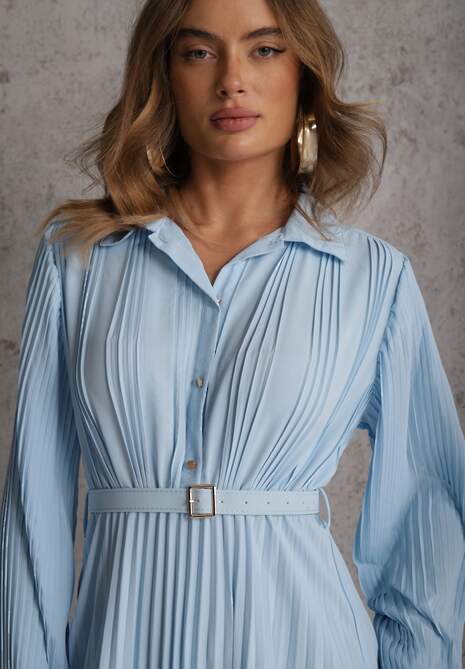 Niebieska Koszulowa Sukienka z Plisowanymi Zdobieniami i Paskiem z Klamrą Efrivelle 5