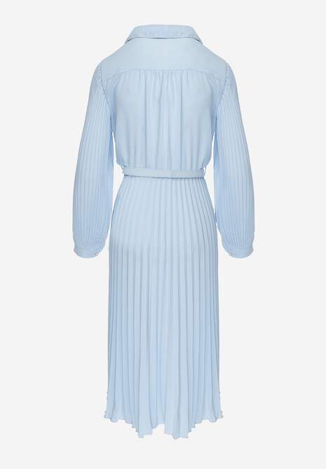 Niebieska Koszulowa Sukienka z Plisowanymi Zdobieniami i Paskiem z Klamrą Efrivelle 7