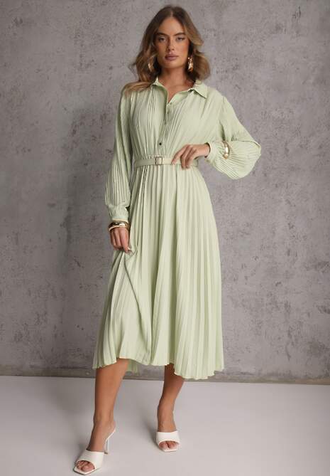 Zielona Koszulowa Sukienka z Plisowanymi Zdobieniami i Paskiem z Klamrą Efrivelle 4