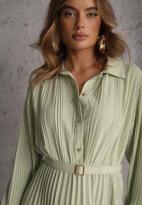 Zielona Koszulowa Sukienka z Plisowanymi Zdobieniami i Paskiem z Klamrą Efrivelle 5