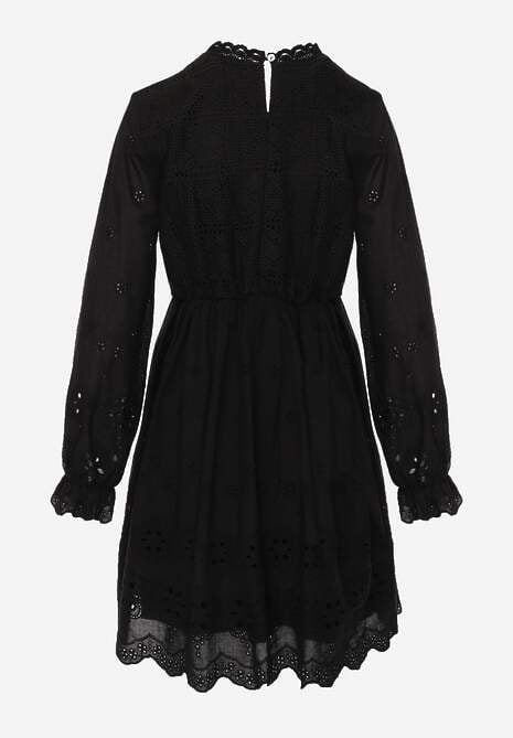 Czarna Rustykalna Sukienka z Bawełną Zdobiona Haftem i Ażurowymi Wycięciami Winlith 7