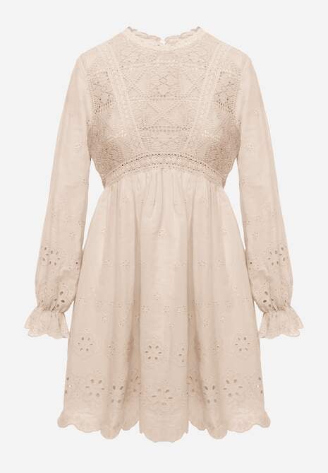 Beżowa Rustykalna Sukienka z Bawełną Zdobiona Haftem i Ażurowymi Wycięciami Winlith 6