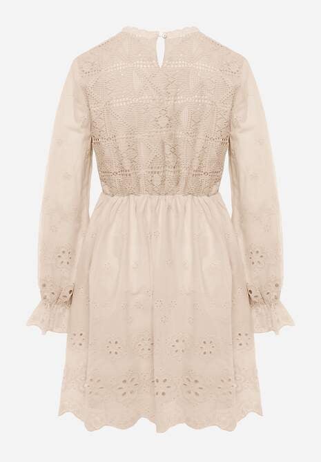 Beżowa Rustykalna Sukienka z Bawełną Zdobiona Haftem i Ażurowymi Wycięciami Winlith 7