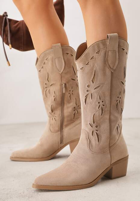 Ciemnobeżowe Ażurowe Botki Kowbojki na Stożku z Imitacji Zamszu Hephiane