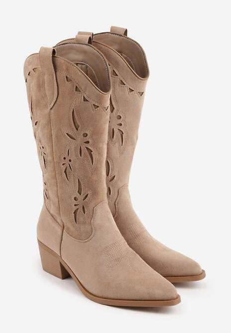 Ciemnobeżowe Ażurowe Botki Kowbojki na Stożku z Imitacji Zamszu Hephiane 5
