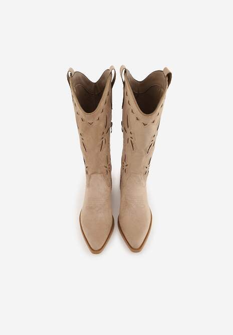 Ciemnobeżowe Ażurowe Botki Kowbojki na Stożku z Imitacji Zamszu Hephiane 6