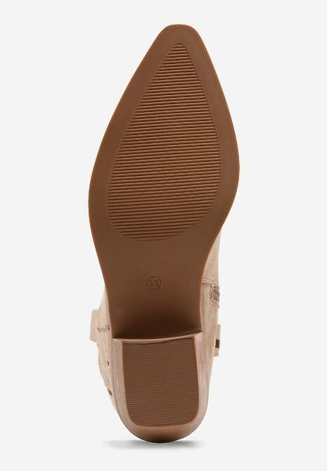 Ciemnobeżowe Ażurowe Botki Kowbojki na Stożku z Imitacji Zamszu Hephiane 7