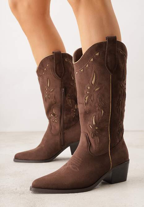 Brązowe Ażurowe Botki Kowbojki na Stożku z Imitacji Zamszu Hephiane