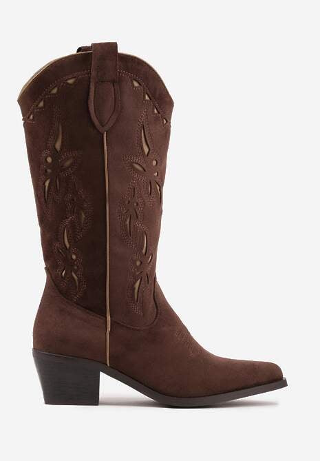 Brązowe Ażurowe Botki Kowbojki na Stożku z Imitacji Zamszu Hephiane 4