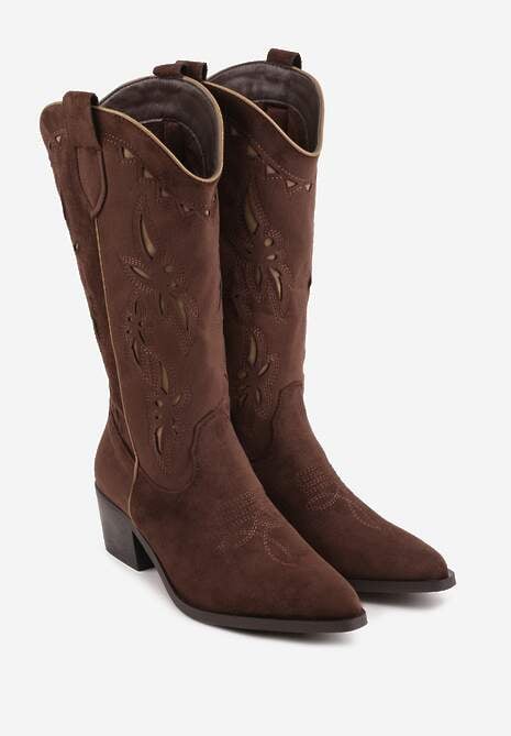 Brązowe Ażurowe Botki Kowbojki na Stożku z Imitacji Zamszu Hephiane 5