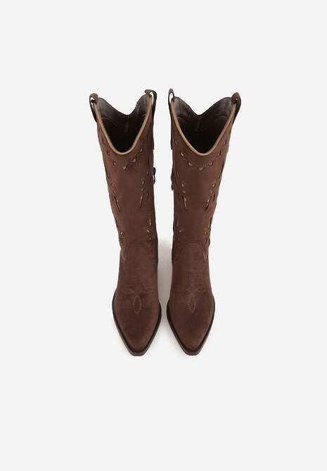 Brązowe Ażurowe Botki Kowbojki na Stożku z Imitacji Zamszu Hephiane 6
