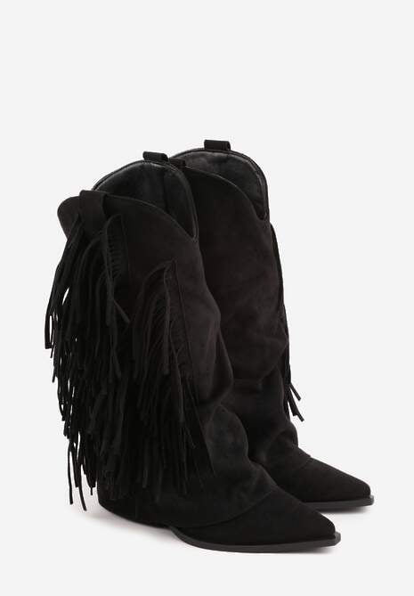 Czarne Botki Kowbojki na Słupku Ozdobione Frędzlami  i Wywiniętą Cholewką Aedime 5