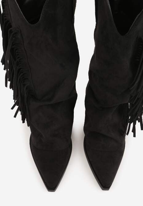 Czarne Botki Kowbojki na Słupku Ozdobione Frędzlami  i Wywiniętą Cholewką Aedime 6