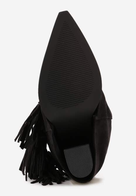 Czarne Botki Kowbojki na Słupku Ozdobione Frędzlami  i Wywiniętą Cholewką Aedime 7