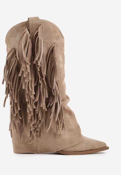 Ciemnobeżowe Botki Kowbojki na Słupku Ozdobione Frędzlami  i Wywiniętą Cholewką Aedime 4